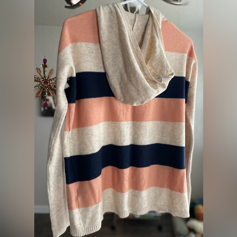Love Stitch Cream, Peach and Blue Striped Hooded Sweater NWOT